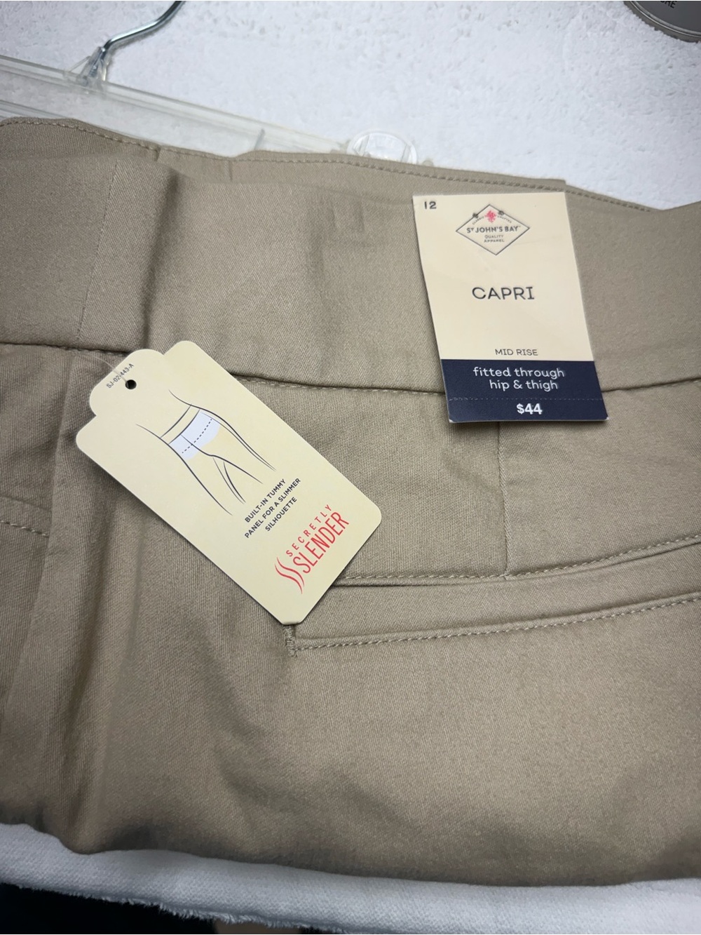 Size 12 Capri Fitted Through Hip & Thigh by St John’s Bay in Khaki, Tummy Panel